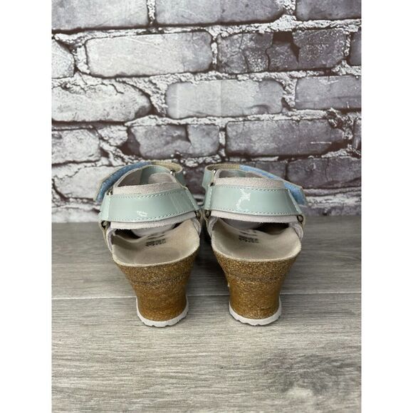 Birkenstock Papillio Grey Nubuck Suede Teal Patent Cork Wedge Sandals Women 38EU - Picture 11 of 16
